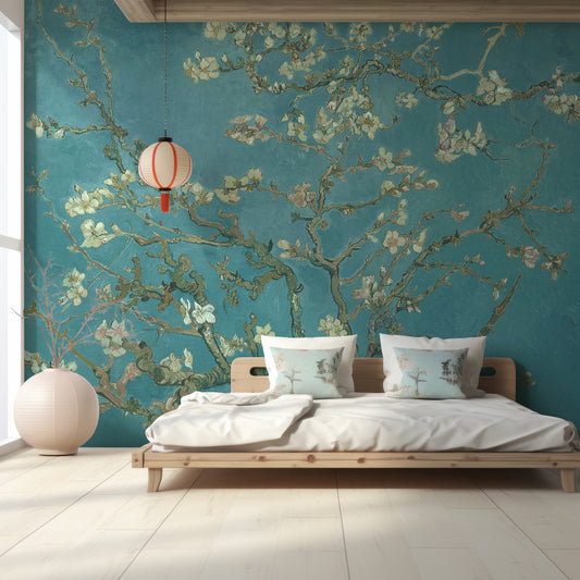 Almond Blossoms Wallpaper In Chinese Bedroom With Double Size Wooden Bed With White Bedding And Cushions