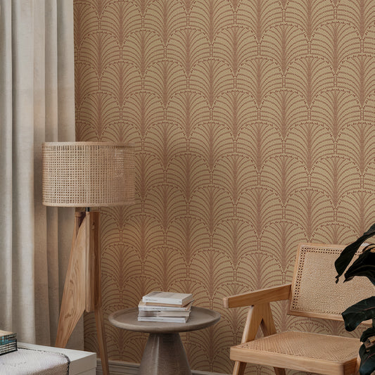 Anais Wallpaper in a Living room with patterned wallpaper, wooden chair, and lamp.