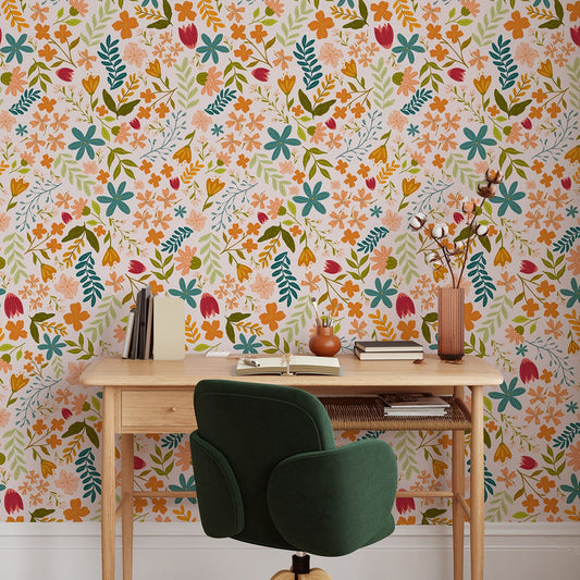 Anthea Light Pink Wallpaper With a Wooden Desk and Green Office Chair