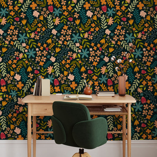 Anthea Navy Wallpaper With a Wooden Desk and Green Office Chair