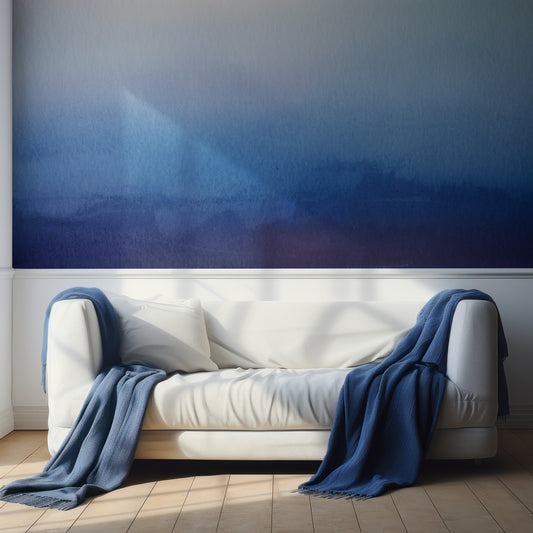 Aritchee Wallpaper In Living Room With White Sofa With White Cushions And Navy Blue Blankets And Wall Panelling