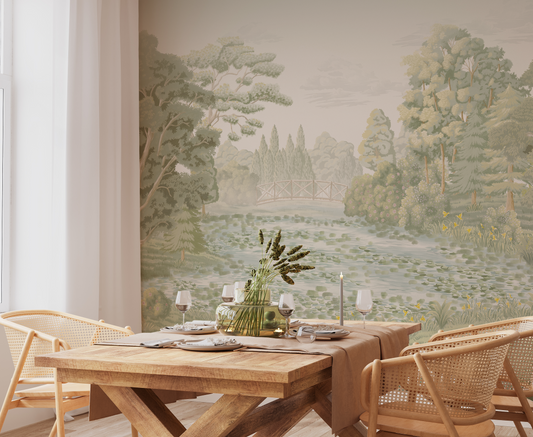 Dining area with a wooden table and chairs, featuring a scenic wall mural.