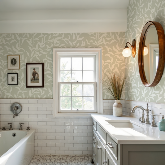 Bathroom with bathtub, sink, and decorative elements