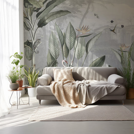 Botanical Beauty In Room With Grey Sofa And Plants With Thin Curtain Letting Light In
