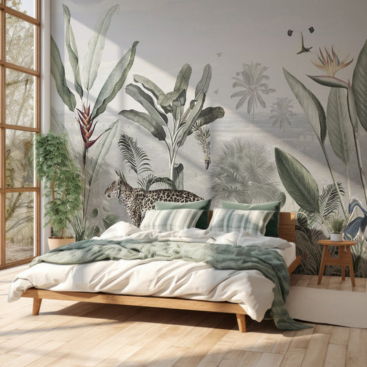 Botanical Beauty Wallpaper In Bedroom With Green Bedding On WHite Wooden Bed With Very Tall Windows With Light Shining Through