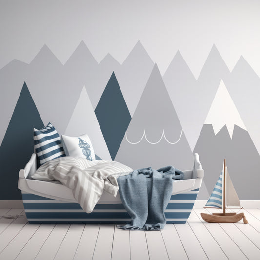 Bowdly Wallpaper In Children's Room With Pirate Themed Stripy Blue And White Bed With Wooden Toy Pirateship