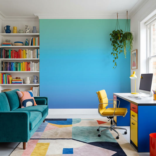 Breezy in colourful home office interior with yellow chair and teal sofa