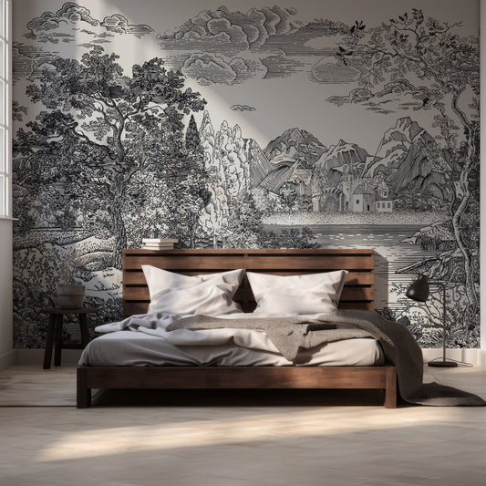Castle Glade Wallpaper In Room With Dark WOoden Queen Size Bed & Grey Bedding