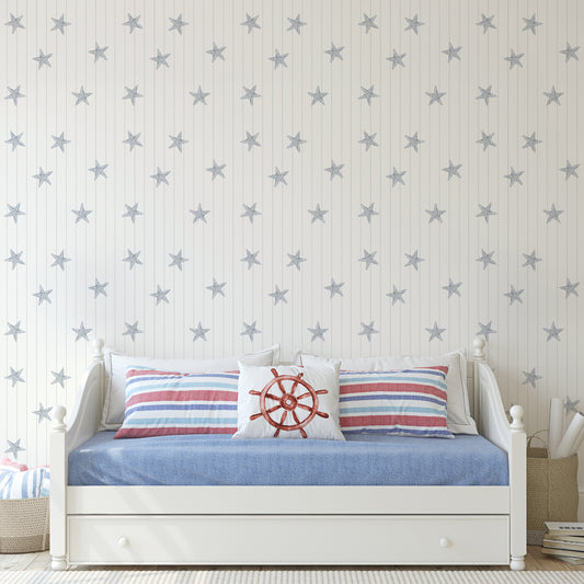 Piper - Coastal Pinstripe Starfish Wallpaper Mural