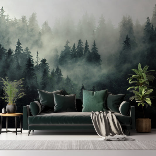Colarded Wallpaper In Living Room With Dark Black Green Sofa And Plants