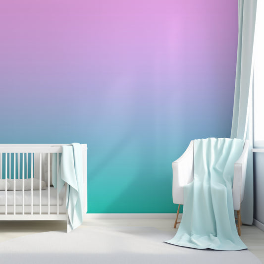 Compto Wallpaper In Baby Blue Nursery Room With White Cot & Blankets