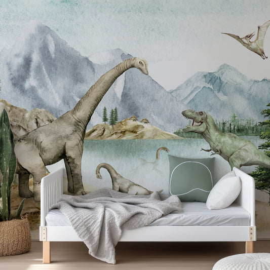 Dino Wallpaper In Child's Bedroom With Green Bedding With White Bed And White Bed Frame