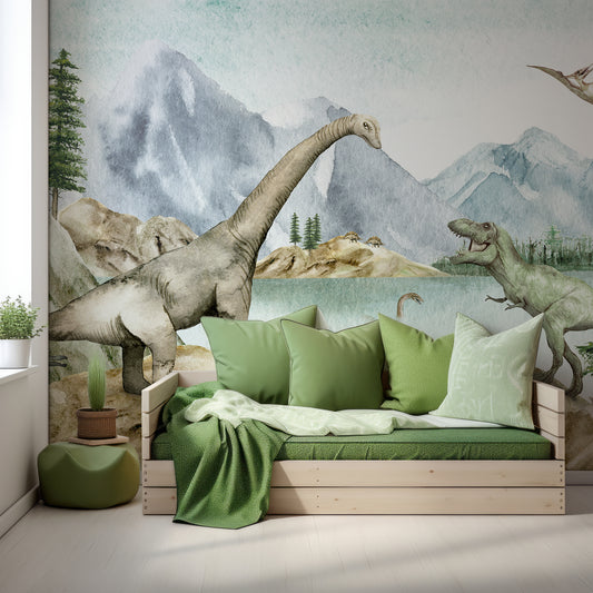 Dino Wallpaper In Children's Bedroom With Bright Green Bedding On Wooden Bed