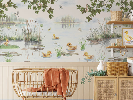 Puddles Summer Wallpaper in a Baby Room with a Cot