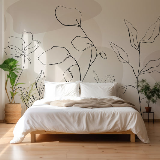 Dusty Botany Wallpaper In Blank Bedroom With White Duvet Covers & Pillows With Green Plant