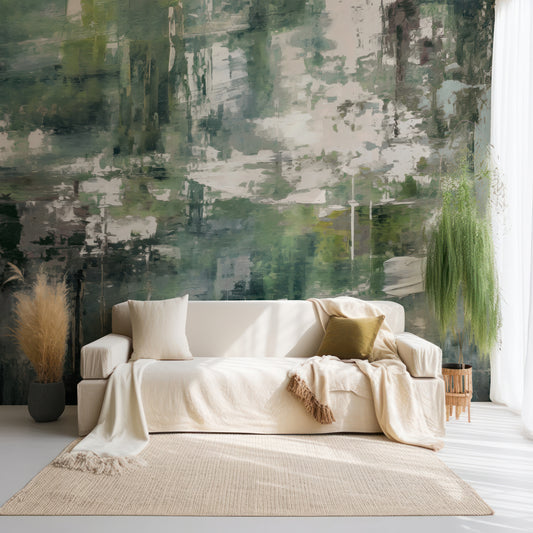 Emerald Forest Oasis Wallpaper In Living Room With Cream Sofa And Soft PLants With Large Cotton Rug With Light Coming Through Window