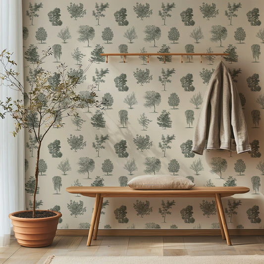 Evergreen Wallpaper in a Rustic Hallway