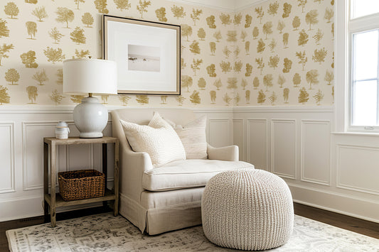 Evergreen Mustard Wallpaper with a Snug Chair and Side Table