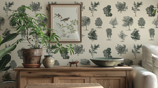 Evergreen Olive Wallpaper Close Up with a Bird Painting and a Cupboard Unit