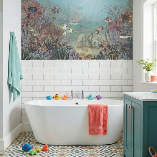 Flounder in bathroom with colourful towels and bath toys