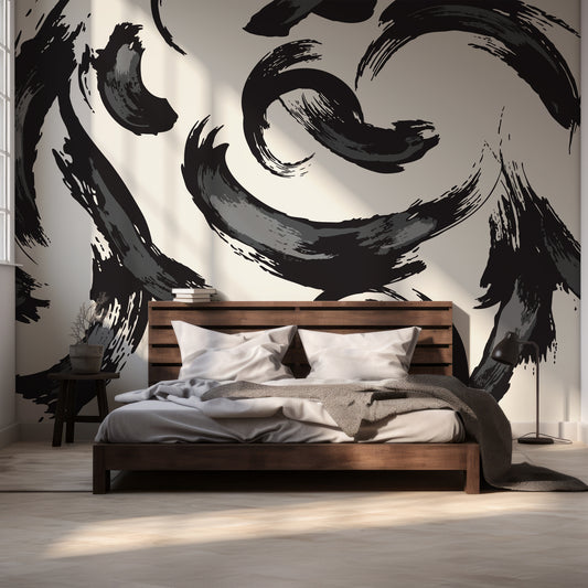 Gergo Wallpaper In Room With Dark Wooden Queen Size Bed & Grey Bedding