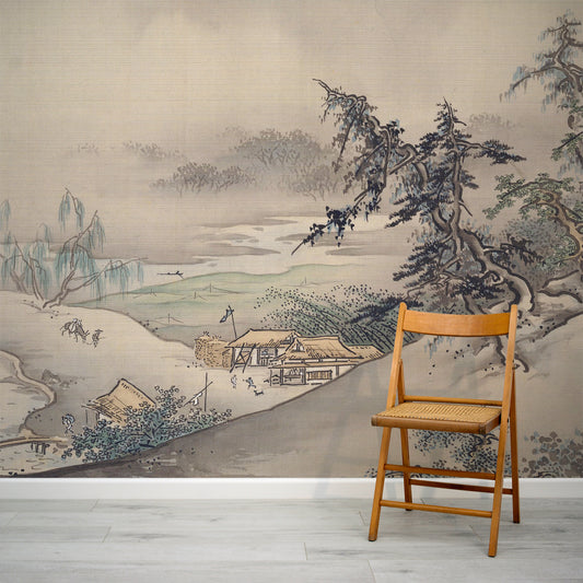 Hashimoto Gahō landscape wallpaper in lounge with wooden foldable chair in front of wallpaper