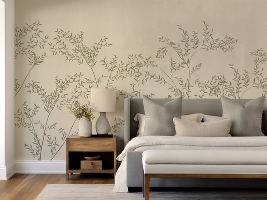 Modern bedroom with floral wall design, bed, and nightstand.