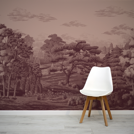 White chair with wooden legs against a wall with nature-themed wallpaper