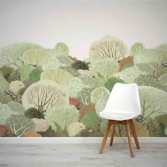 Simple white chair with a watercolour forest mural