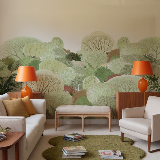 Soft watercolour forest mural in a sixties inspired living room with 2 orange lamps and a sofa and white chair.