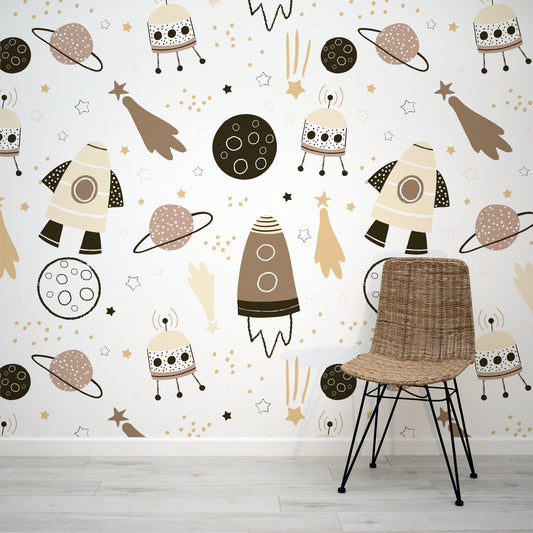 Leo Neutral Wallpaper In Room With Woven Wooden Chair