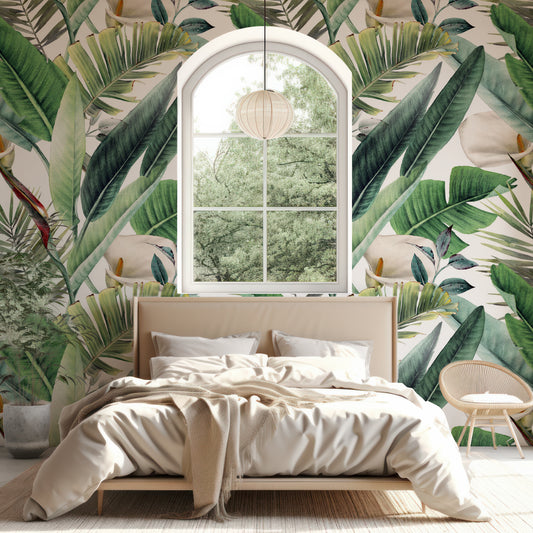 Liledge Wallpaper In Beige Bedroom With Beige Bed With 4 Pillows And Arch Open Window With Green Trees In The Background