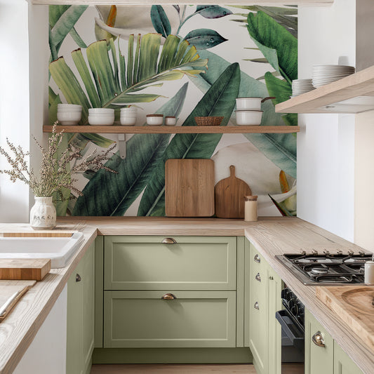 Liledge in Kitchen with green cupboards and wooden counters
