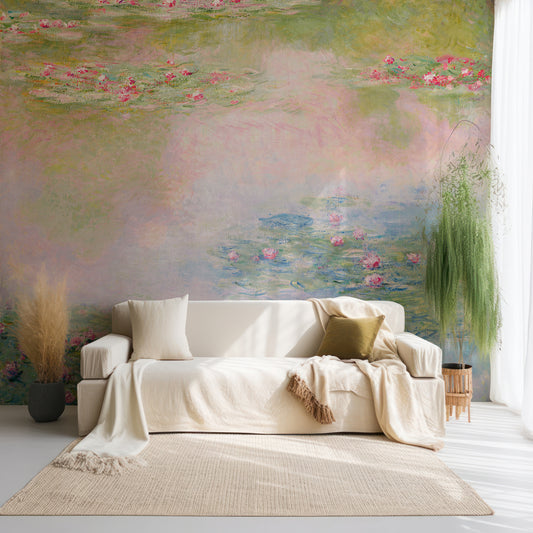 Lily Pond By Claude Monet Wallpaper In Living Room With Cream Sofa And Soft PLants With Large Cotton Rug With Light Coming Through Window