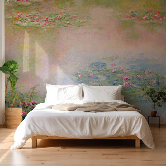 Lily Pond By Claude Monet Wallpaper In Vlank Bedroom With White Duvet Covers & Pillows With Green Plant