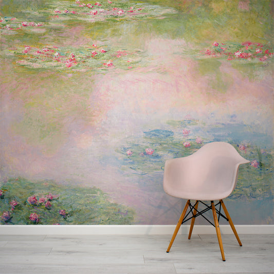 Lily Pond Wallaper By Claude Monet In Room With Pink Chair