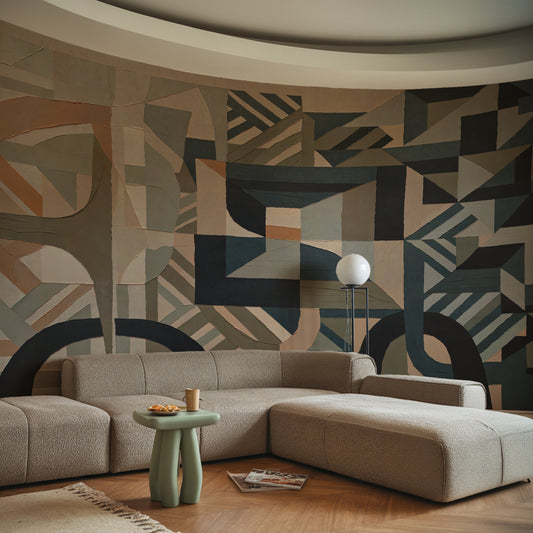 Modern living room with geometric wall art and a sectional sofa.