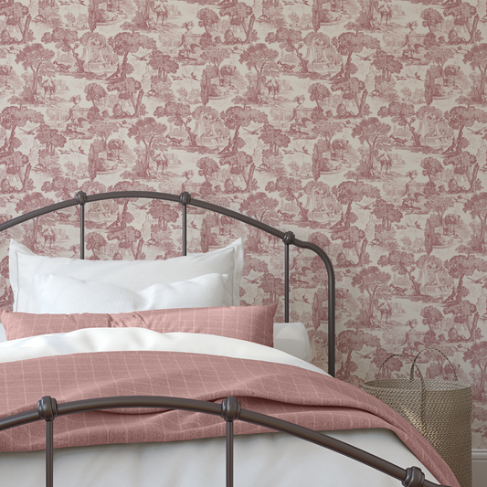 Bedroom with floral wallpaper, white bedding, and a pink blanket.