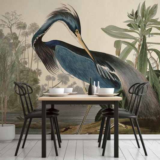 Louisiana Heron In Dining Room With Black Tables And Chairs With Wooden Table Top