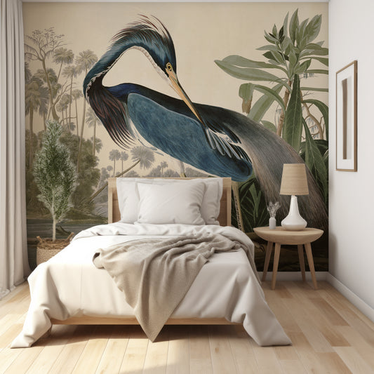 Louisiana Wallpaper In Bedroom With Small Single Bed With Wooden Frame And Beige Bedding