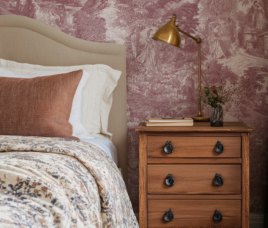 Bedroom with toile wallpaper, wooden nightstand, and decorative lamp.