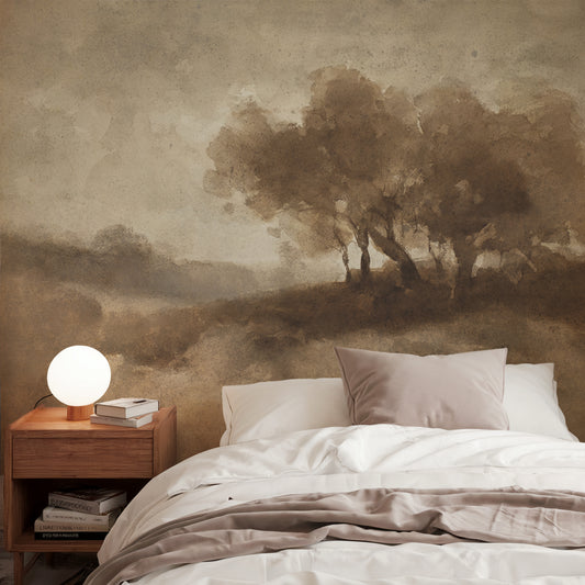 Oak Wallpaper in a Bedroom with a landscape wall mural and wooden nightstand.