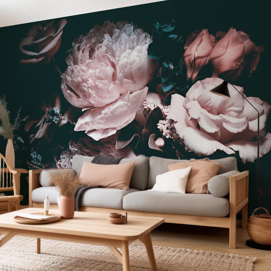 Paeonia Wallpaper Beige & Tan Wooden Sofa With Grey Cushioning & Black Lampshade