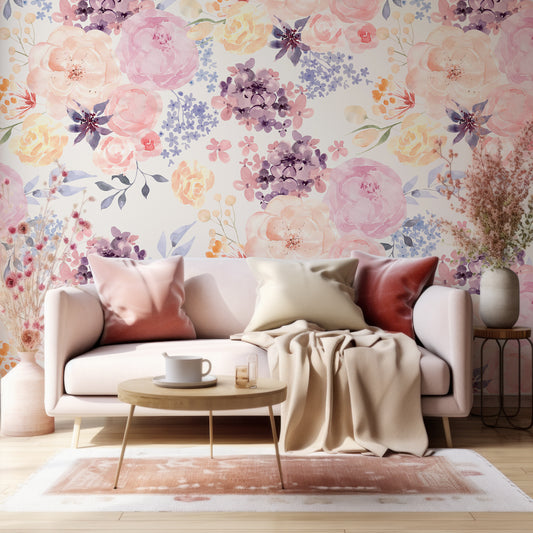 Pastel Rose Dreams In Living Room With Beige Sofa With Red And Golden Cushions And Pink Plants