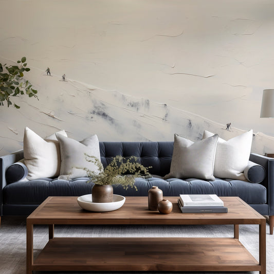 Modern living room with a gray sofa, wooden coffee table, and decorative items.