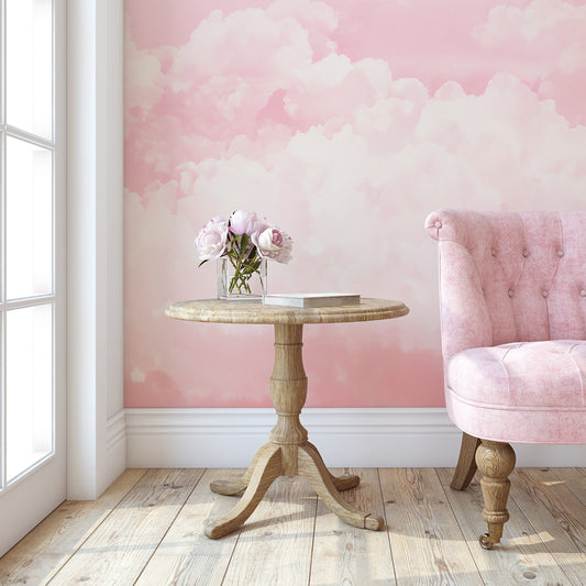 Pink Dreamy Skies in lounge with pink chair and roses