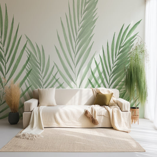 Raffia Green Wallpaper In Living Room With Cream Sofa And Soft PLants With Large Cotton Rug With Light Coming Through Window