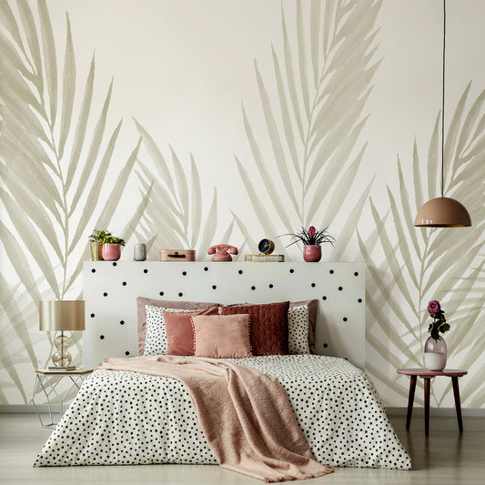 Raffia Greige Wallpaper Mural In Ladies Bedroom With Polka Dot Bed