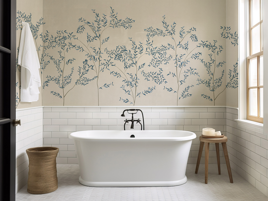 Bathroom with a freestanding bathtub, decorative wall, and small stool.