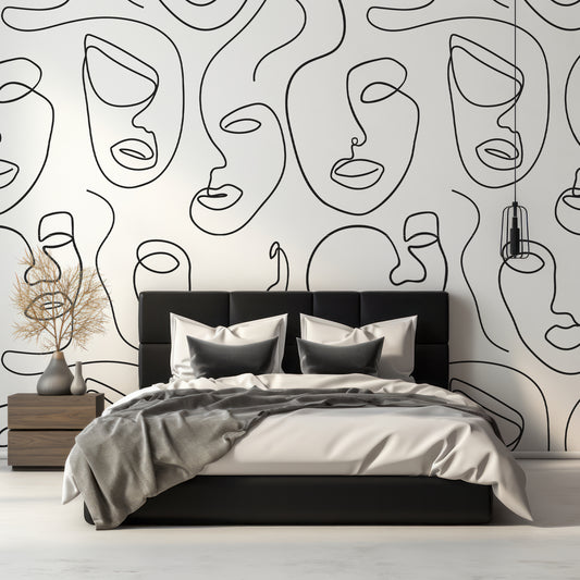 Robyn Wallpaper In Bedroom With Black Queen Size Bed With Wooden Cabinets And Plants